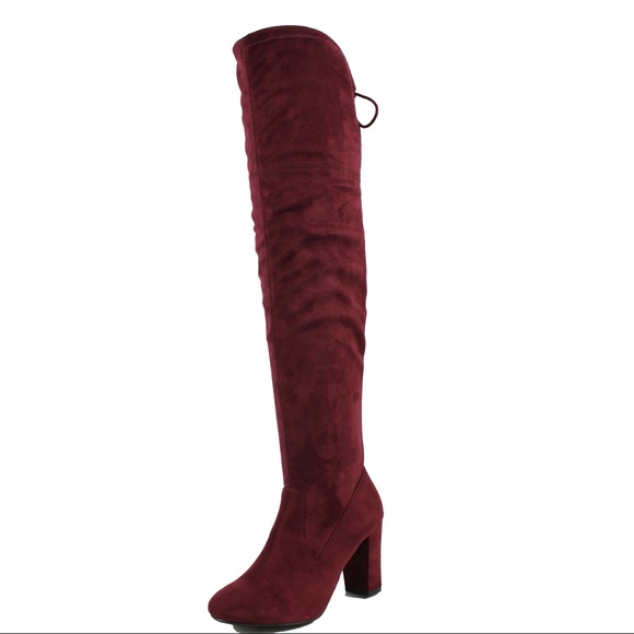 Vino Red over the knee block heel back tie boot - Picture 2 of 7